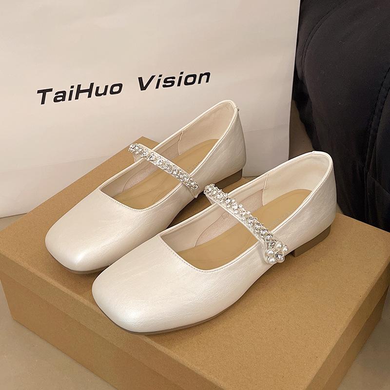 Summer single shoes 2025 new square head shallow mouth rhinestone one-word diamond belt silver low heel flat shoes Mary Jane shoes