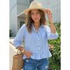 Womens Striped Ruffle Hem Button Front 3/4 Sleeve Blouse