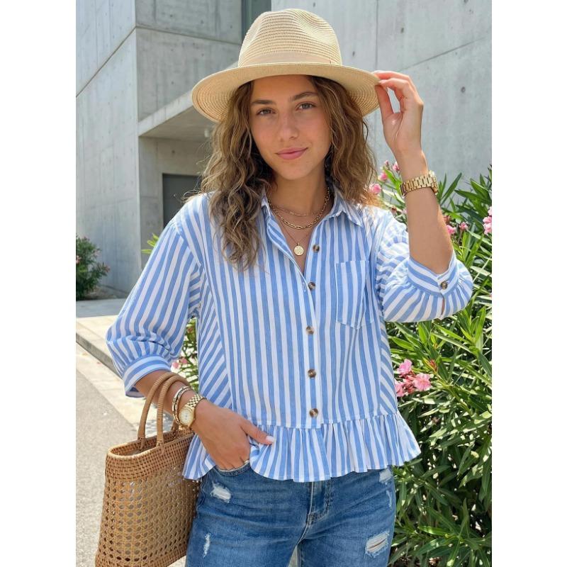 Womens Striped Ruffle Hem Button Front 3/4 Sleeve Blouse