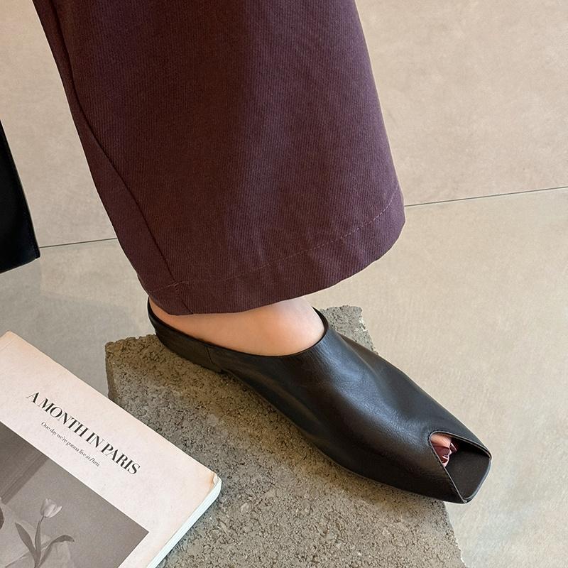Fashion 2025 Summer New Genuine Leather Low Heels Peep-toe Slippers Women Covered Toe Natural Leather Casual Slippers Female Daily Walk