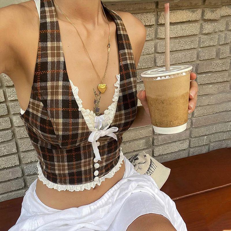 American Retro Style Bows Gingham Lace Halterneck Vest Female Autumn Sexy Elegant Silm Slim Looking Midriff-Baring Top