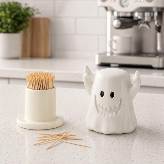 Middle Finger Ghost Toothpick Box, Halloween Ghost Toothpick Holder Dispenser, Dental Floss Swabs Toothpick Container for Kitchen Countertop