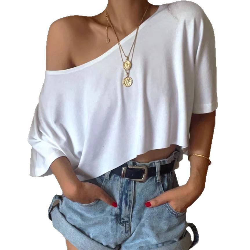 Top T-shirt Casual Corto da Donna Off-Shoulder Stile Europeo e Americano