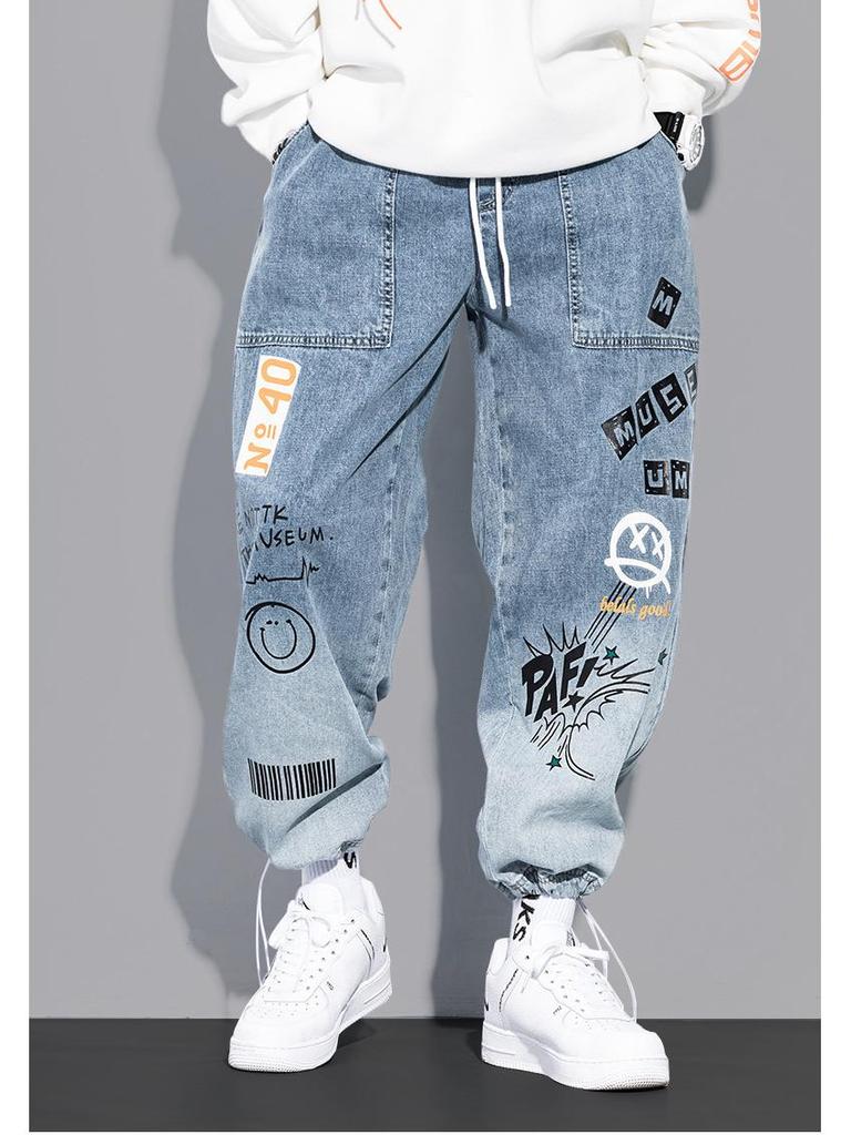 YOA Men's Autumn Graffiti Print Loose Jeans with Cartoon Design and Drawstring