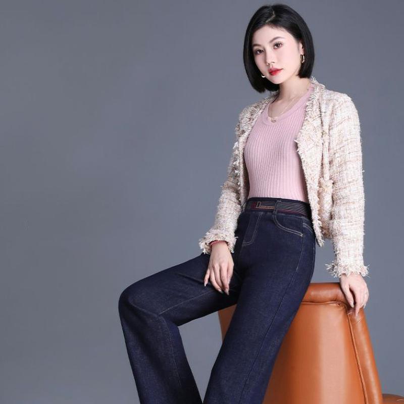 Winter Warm Casual Baggy Straight Jeans Thicken Fleece Wide Leg Denim Pants Women Elastic High Waist