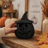 Dunkle Retro-Party-Ornamente Kunst rattan Kürbisfigur Halloween Schwarze Harzstatue mit Hexe Herbst-Feiertags-Fensterdekoration Hut Rustikaler Weidenkorb