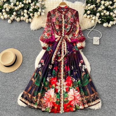 Spring Summer Women Brand Designer Vintage Print Chiffon Runway Dress Turn-down Collar Long Maxi Shirt Party Dresses