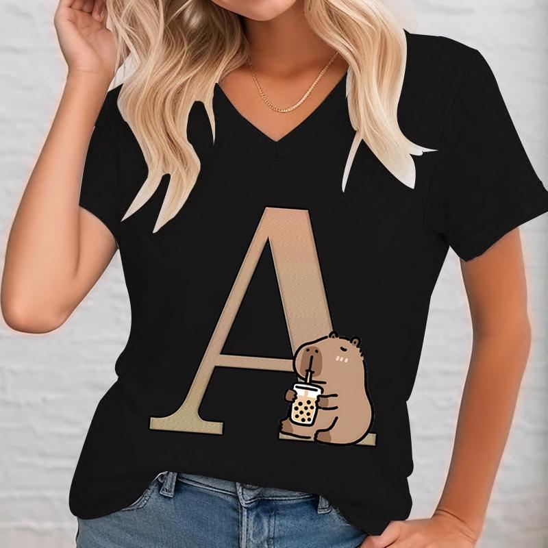 

Alphabet Capybara Funny Print Tshirt Women Unisex Vneck Design Casual Cute Animal Short Sleeve T Shirts Oversized Novel Tees Top 4XL