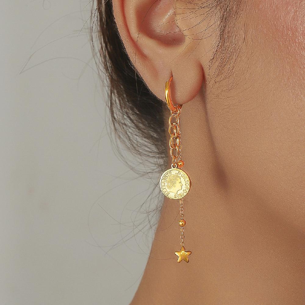 DIEYURO 316L Stainless Steel Golden Round Portrait Coin Tassels Star Earring For Women Fashion New Trend Ear Buckle Jewelry Gift