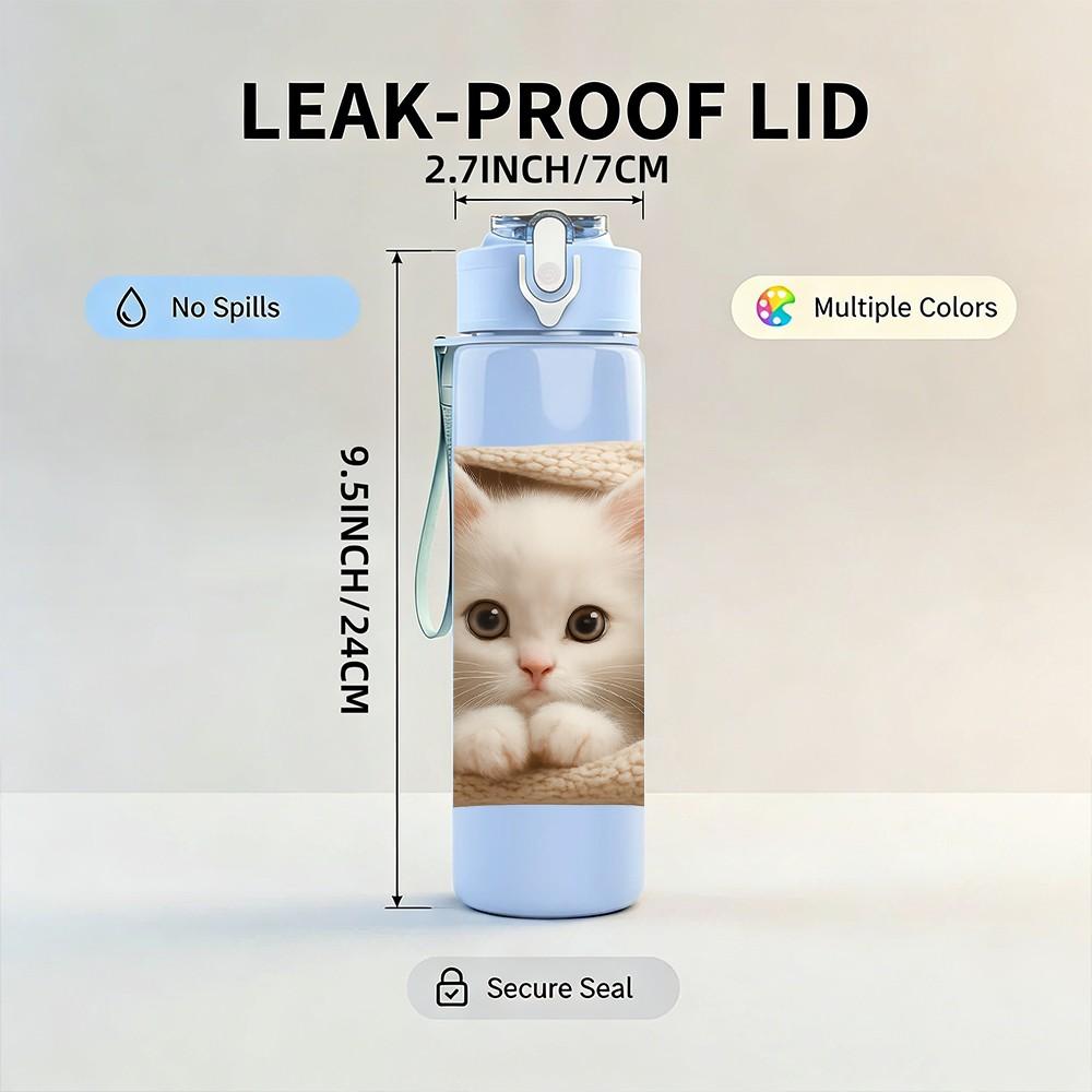 1PC Fluffy White Kitten Sleep 750ml Color Plastic Sports Water Bottle Leakproof Flip Straw Lid Suitable for Sports Office Home Use