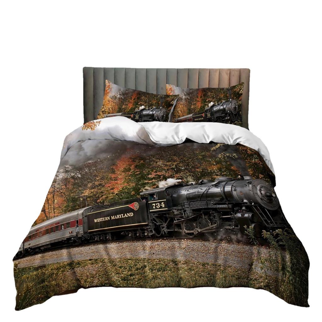 Vintage Train 3D Digital Printing Kit Bedding Quilt Cover Pillowcase Three-Piece Set