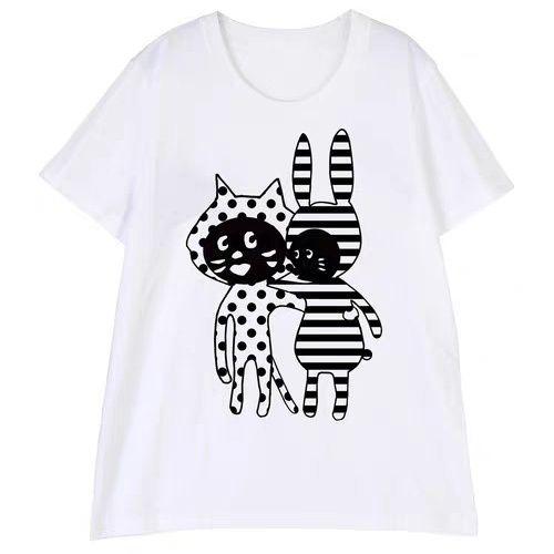 

Japanese-style Cute and Trendy Surprise Cat Cartoon Short-sleeved T-shirt for Women, Pure Cotton Loose Best Friend Outfit 4XL