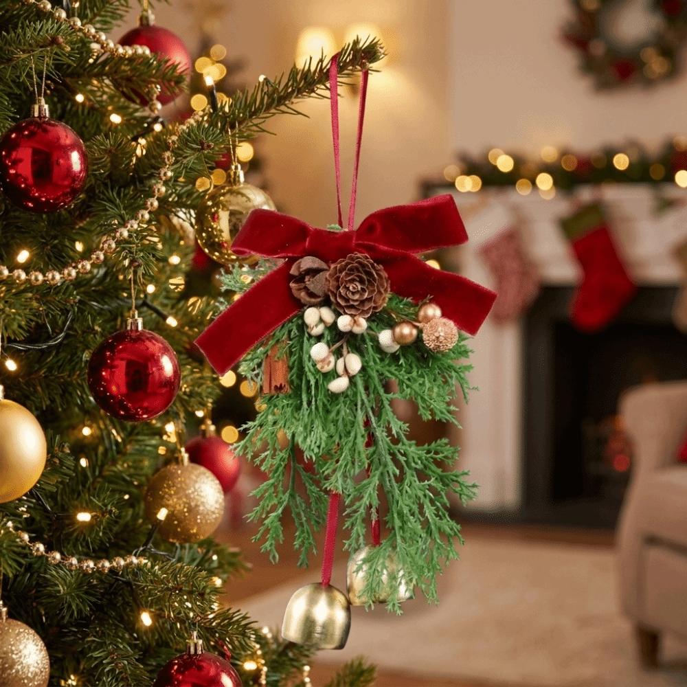 Velvet Bow Christmas Wreath Metal Bell Xmas Tree Hanging Ornaments Vintage Door Garland  Indoor