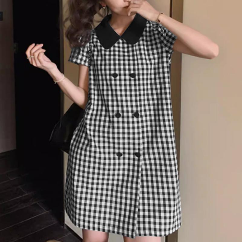 ZANZEA Women Grid Print Casual Doll Collar Summer Short Sleeve Dress S чёрный