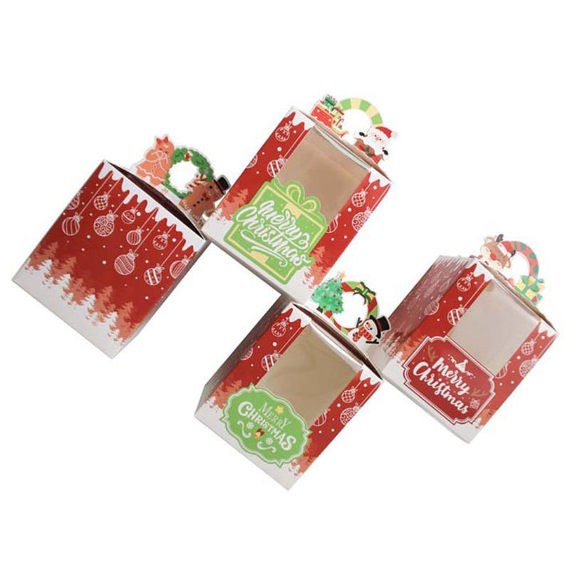 12Pcs Christmas Biscuit Cake Gift Box Open Window Muffin Favor Packaging Candy Box With Inner Tray Happy Xmas Party Supplies