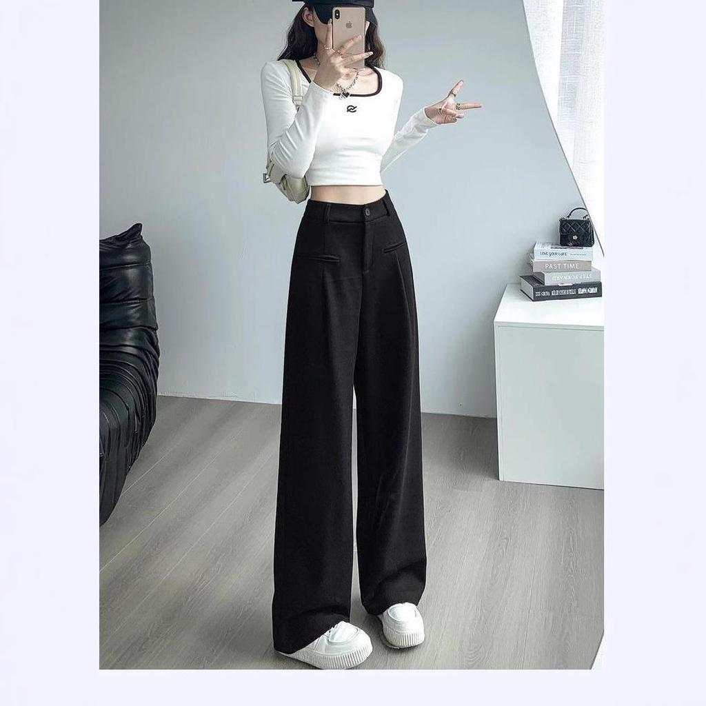 Petite Women's High Waist Loose Straight Leg Pants - Spring/Autumn Grey Suit