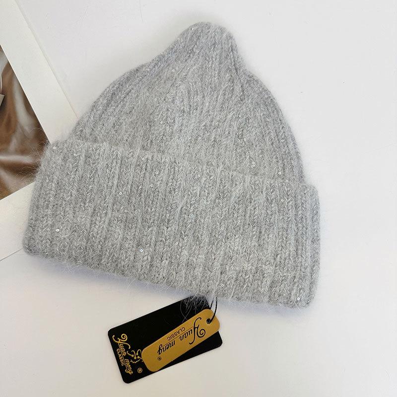 Lazy Wind Solid Color Sequined Knitted Pullover Hat Female Sweet Autumn and Winter Thickened Warm Wool Hat Headgear Tide