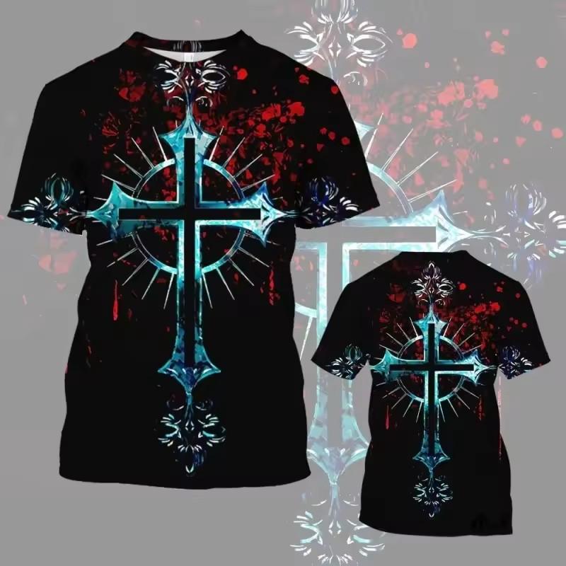 Colorful Cross Wings Pattern T Shirt Men Cool Skull 3D Printed Short Sleeve Tops Summer Casual Round Neck Loose Tee Shirts