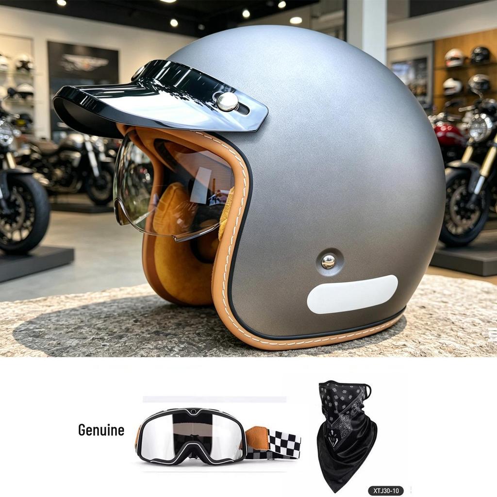 High-Quality Retro Motorcycle Half Helmet with Built-In Goggles for Men and Women