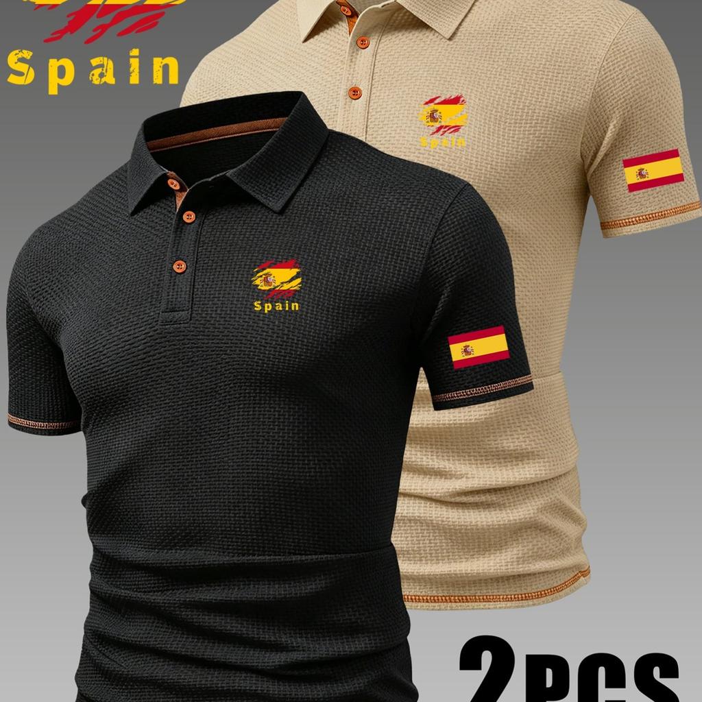2pcs Spain Pattern Men's Outdoor Golf Casual Polo Shirt with Short Sleeves & Color Block, Men's Work Shirts for Business Casual for Spring and Summer