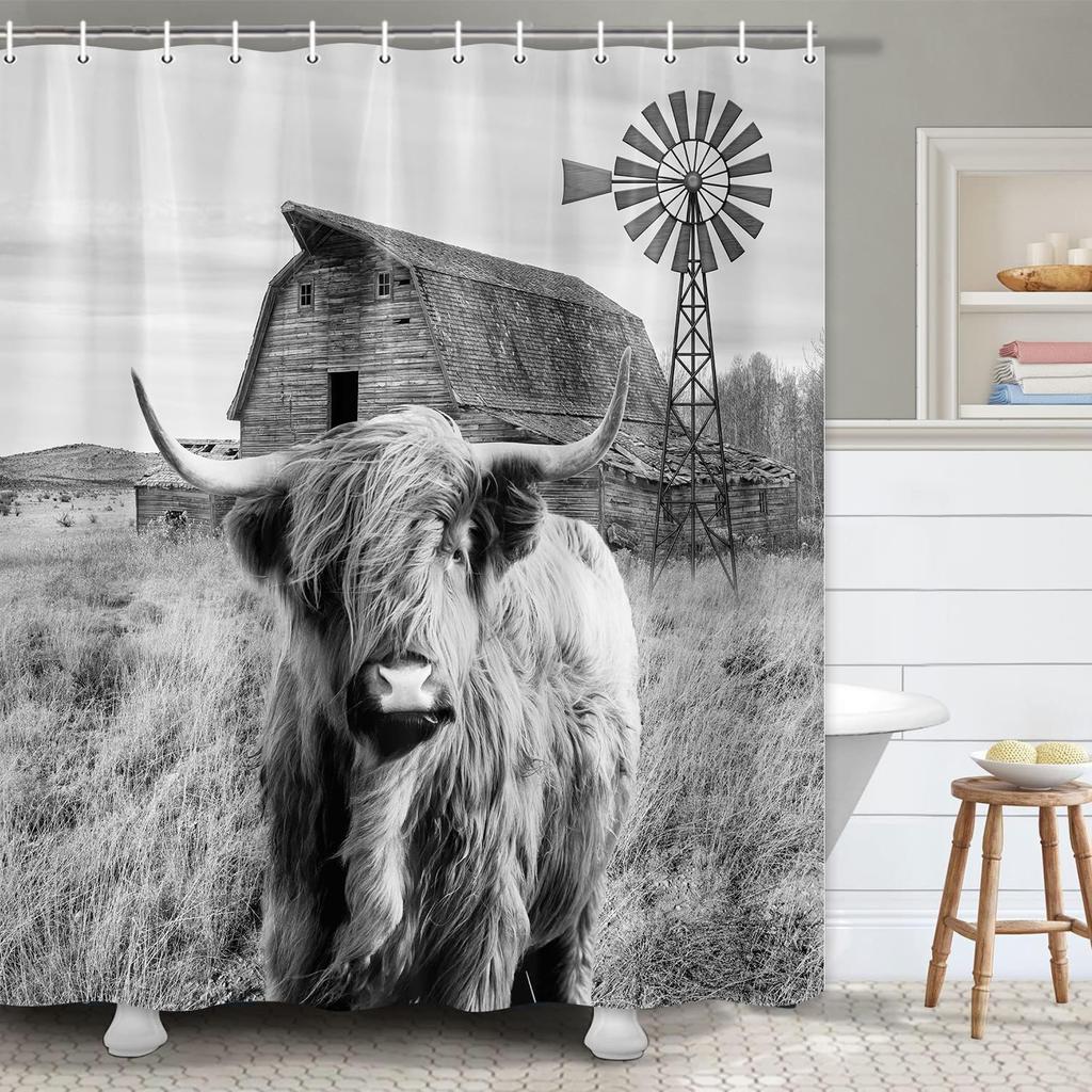 Highland Cow Shower Curtain Rustic Bull Western Farmhouse Cattle Country Restroom Accessories Funny Farm Animal Bathroom Decor