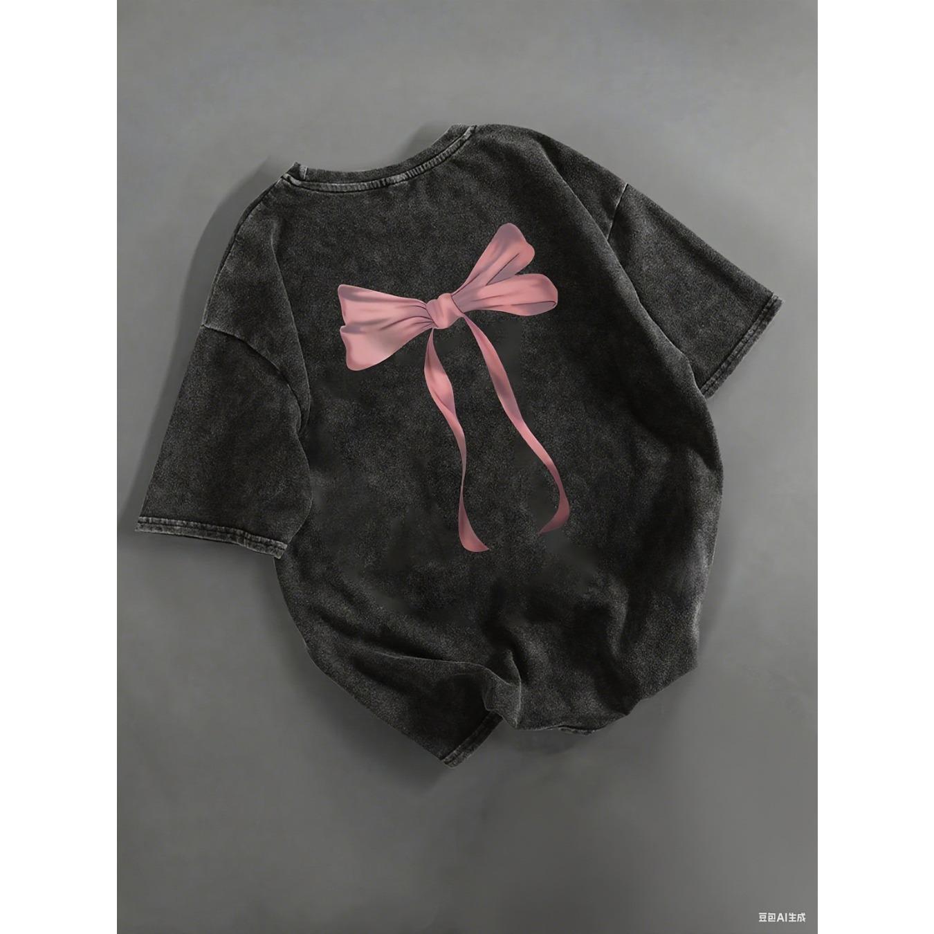 

Womens Washed Cotton Black TShirt with Pink Bow Graphic Casual Round Neck Shirt Trendy Top Tee Unisex S