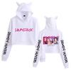 KPop Demon Hunters Group Merch Cute Cat Ear Hoodie Short Cropped Fleece Lined Sweatshirt Women Autumn Winter Graphic Print Clothes