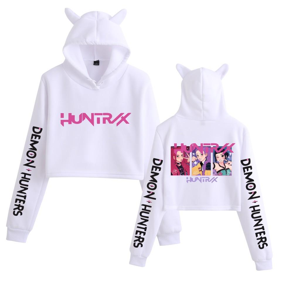 KPop Demon Hunters Group Merch Cute Cat Ear Hoodie Short Cropped Fleece Lined Sweatshirt Women Autumn Winter Graphic Print Clothes