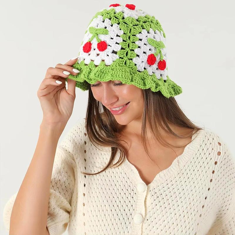 Women Cherry Theme Stretchy Knitted Hat Fashion Hollow Ruffles Vibrant Bucket Hat Bowler Hat Handmade Crochet Cute 58cm