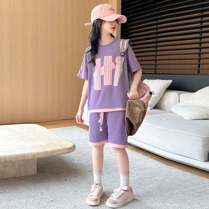 Girls T-Shirts Sets Summer   Kids Short Sleeve Tops+Shorts 2Pcs Children Clothes Teen Loose Casual Suits Letter Print Outfits