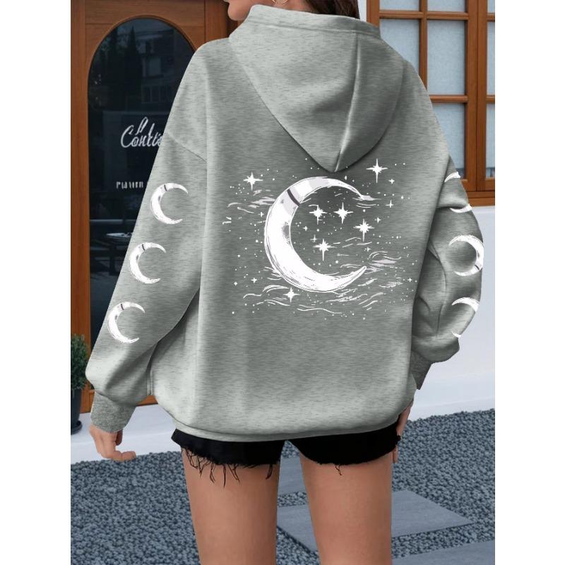 Sun, Moon, and Stars Print, 100% Polyester Plus Size Women's Hooded Sweatshirt