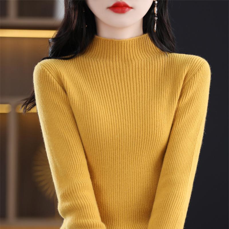 Women's Slim Fit Short Wool Knit Sweater - Solid Color, Half-High Collar