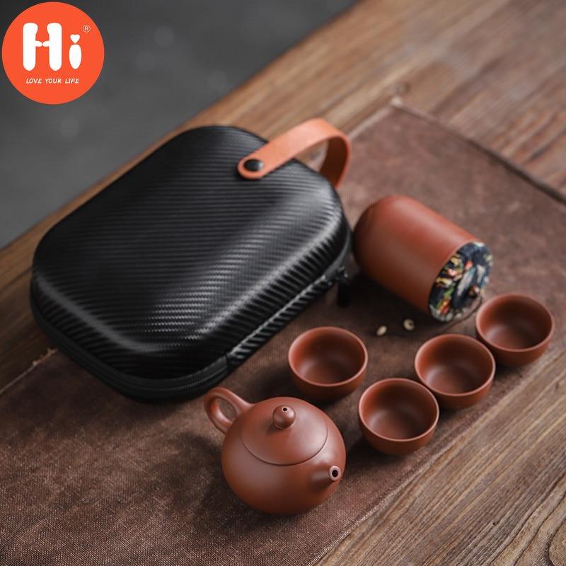 Hi Purple Clay Teacups Ceramic Portable Tea Set Including 1 Pot + 1 Tea Caddy + 4 Cups Teapot Outdoor Travel Kung Fu Gaiwan Gifts