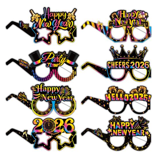 8 Pcs Happy New Year 2026 Paper Glasses New Year Party Eyewear Supplies for New Year's Eve Party Favors Photo Booth Props