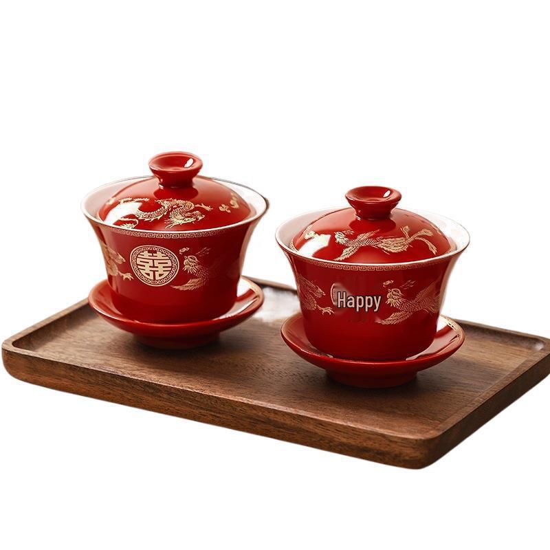 Wedding Tea Cup & Chopstick Set: Toasting Bowls and Red Dowry Supplies
