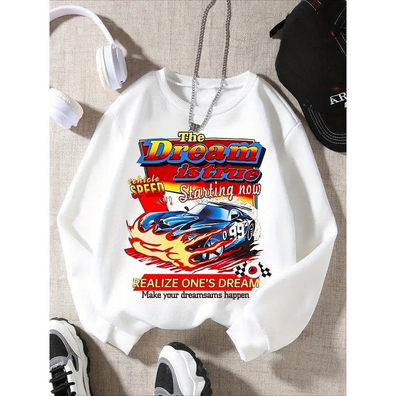 Kids Sweatshirt Crew Neck Sweatshirt with Cool Cartoon Letter Racing Graphic Print, White, Lightweight and Comfortable Spring/Fall Clothing 110 белый