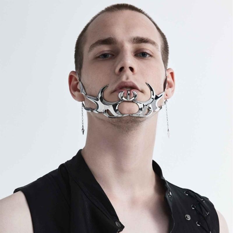 Luxuriöse Punk-Maske, flüssig, unregelmäßig, silberfarben, hohle Legierung, Gesichtskette, Accessoires für Damen und Herren, Partyschmuck
