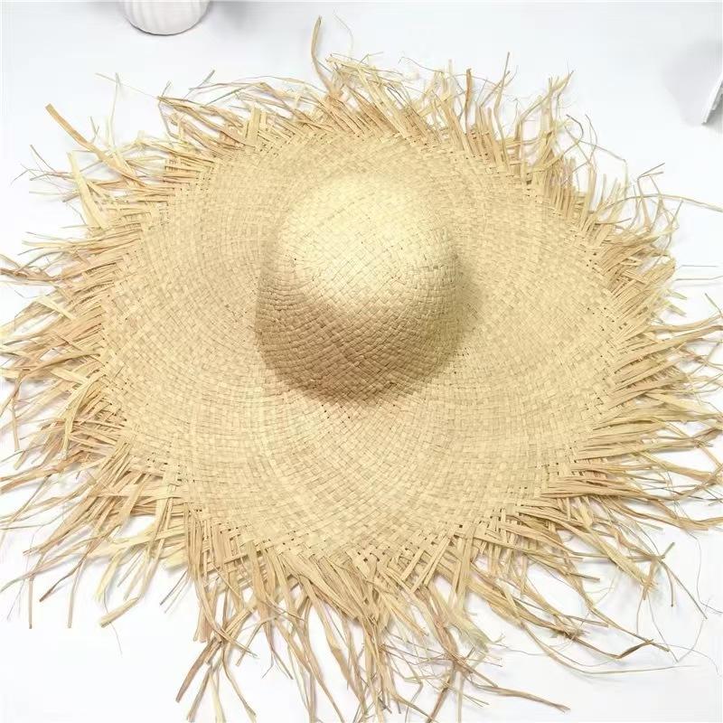 Summer Ins Hollow Big Brim Rough Rafi Straw Hat Women's Beach Hat Travel Seaside Vacation Sun Hat