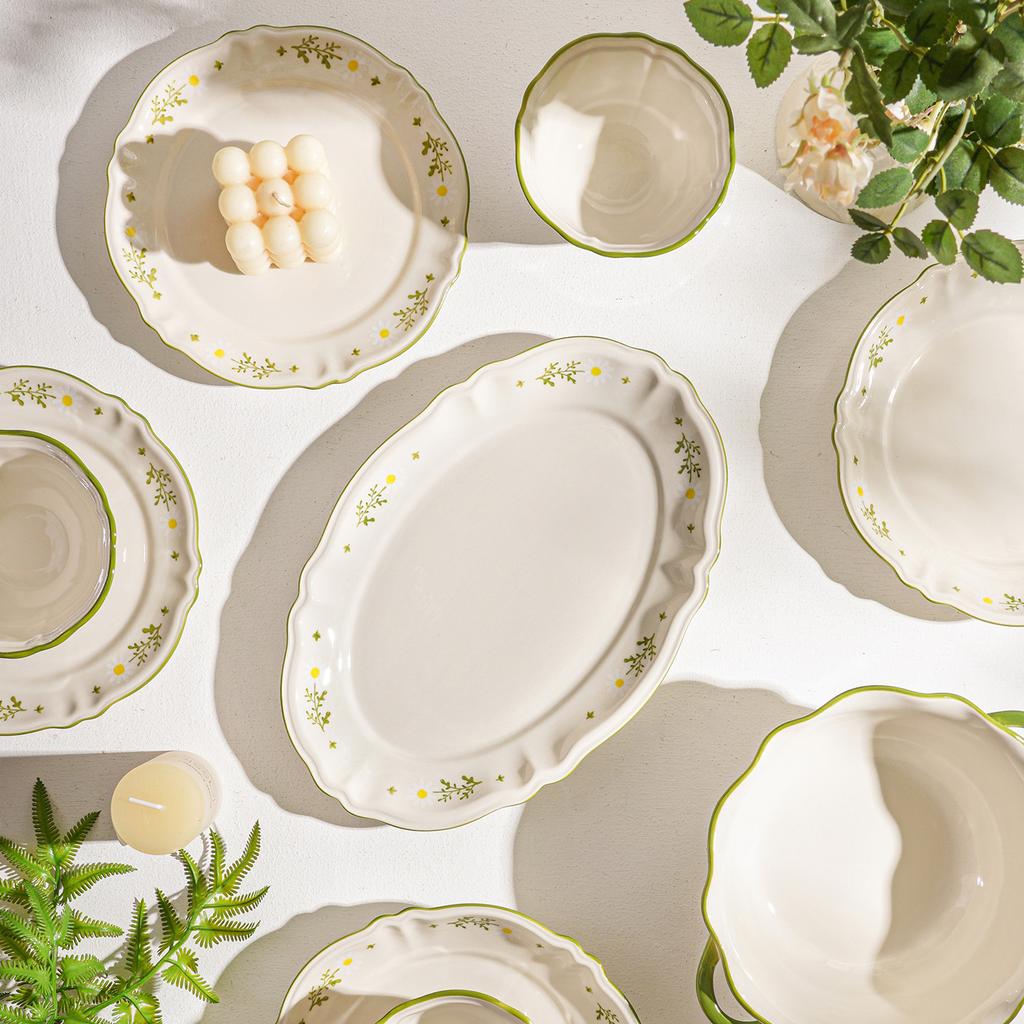 Lace Small Fresh Tableware High Value Ceramic Bowl Underglaze Color Household Bowl Set Large Capacity Binaural Bowl