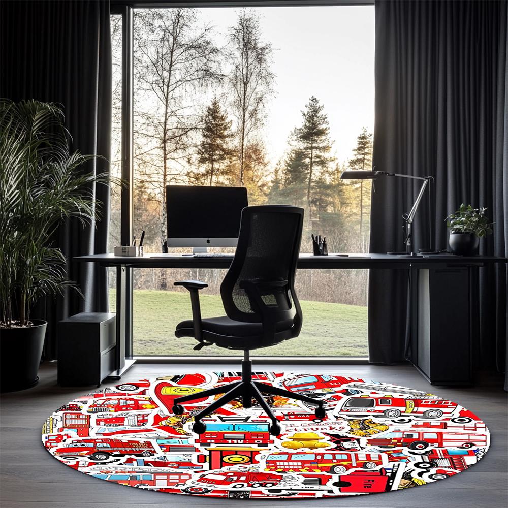 Fire Truck Printed Round Rug Carpet Chair Rug Area Rug Entryway Doormats,for Office Chair Living Room Bedroom Kitchen Room.