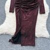 Women's Sequins Glitter Dress Autumn Pleated Waist Slim Split Package Hip Dress