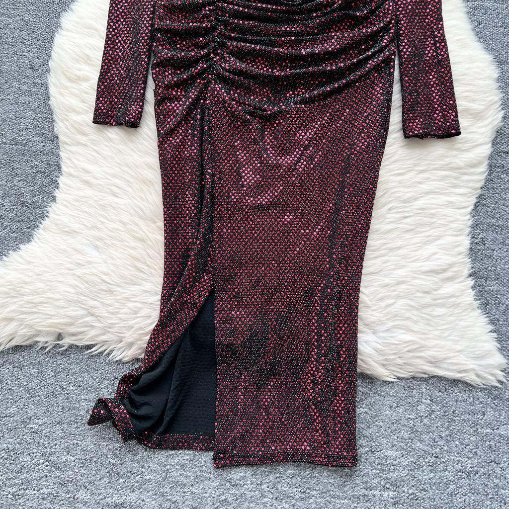 Women's Sequins Glitter Dress Autumn Pleated Waist Slim Split Package Hip Dress