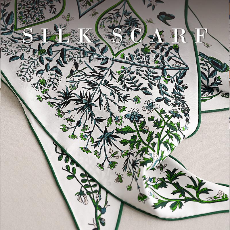 New silk silk scarf, lush foliage, silk twill triangle scarf, fashion light luxury temperament 111 mulberry silk scarf