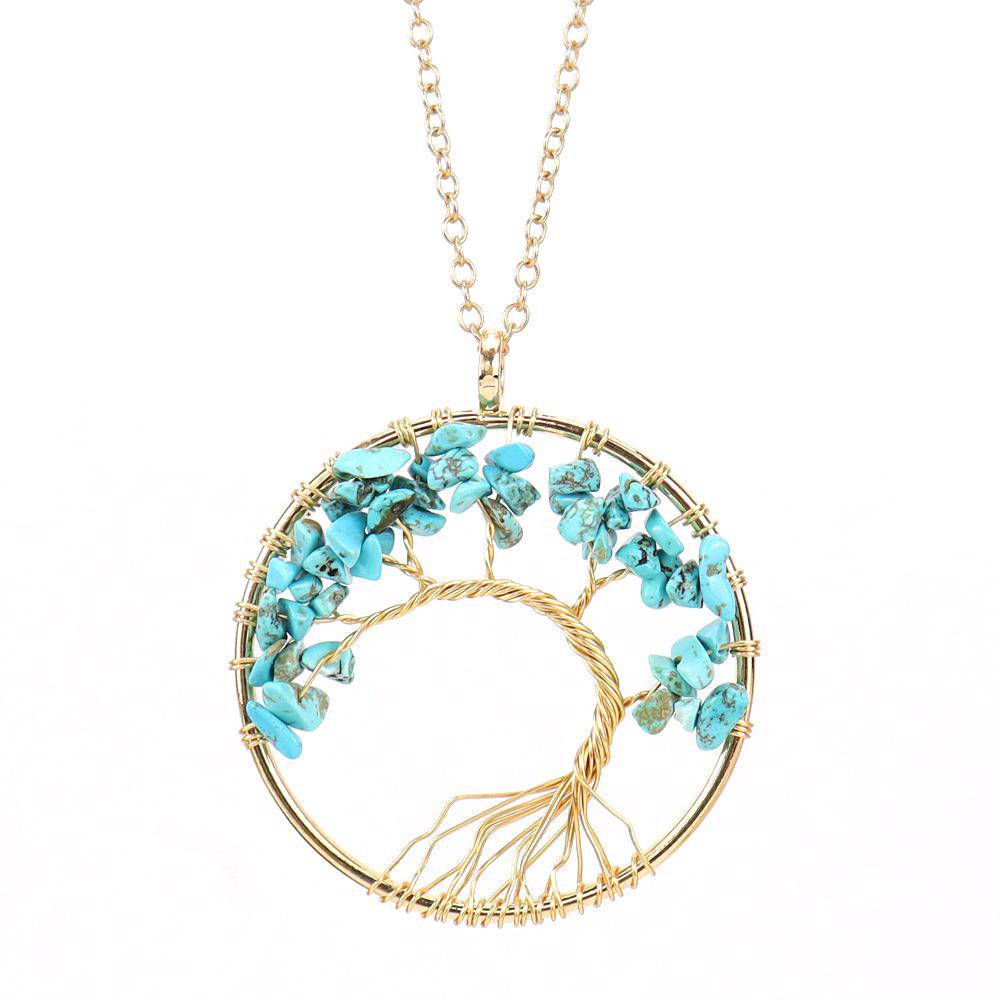 Gold Wire-Wrapped Tree of Life Necklace with Natural Crystal Crushed Stone