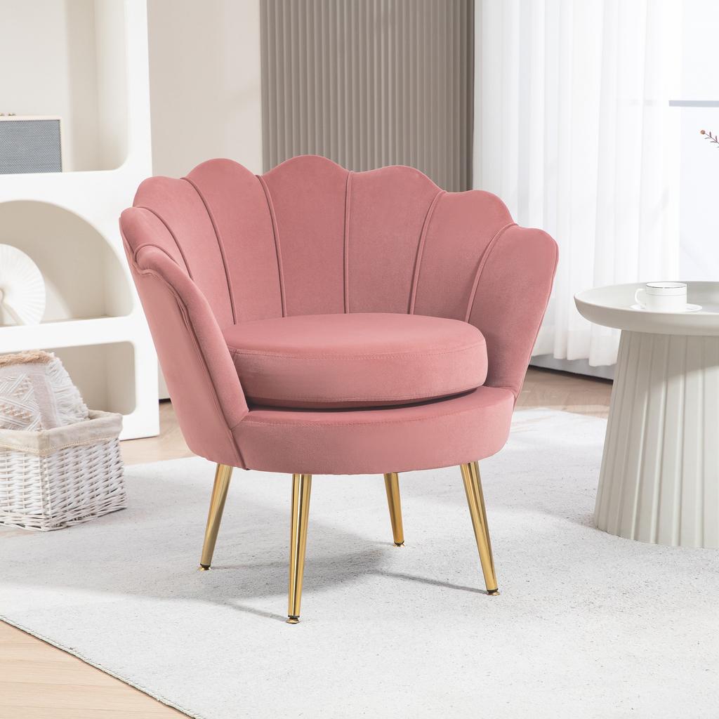 Velvet Upholstered Armchair Bedroom Armchair with Shell-Shaped Backrest and Gold Legs 76x67x74 Cm Pink