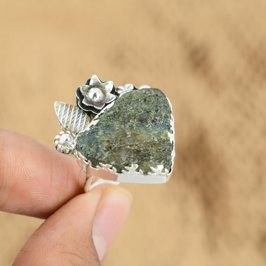 Mothers day Sale Natural Labradorite Rough Flower Promise Ring Sterling Silver