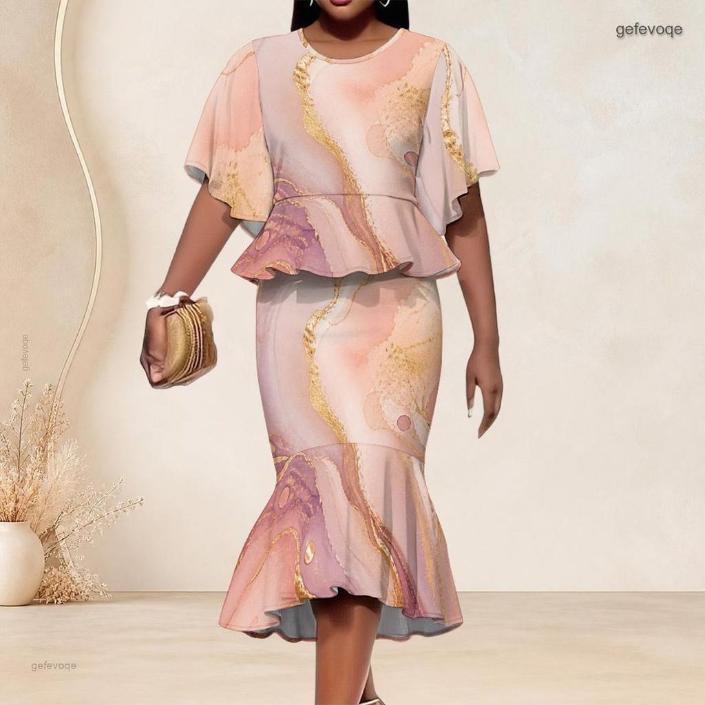 Women Plus Size Blue Gold Printed Round Neck Batwing Sleeve Ruffle Hem Top Fishtail Skirt Two Piece Set