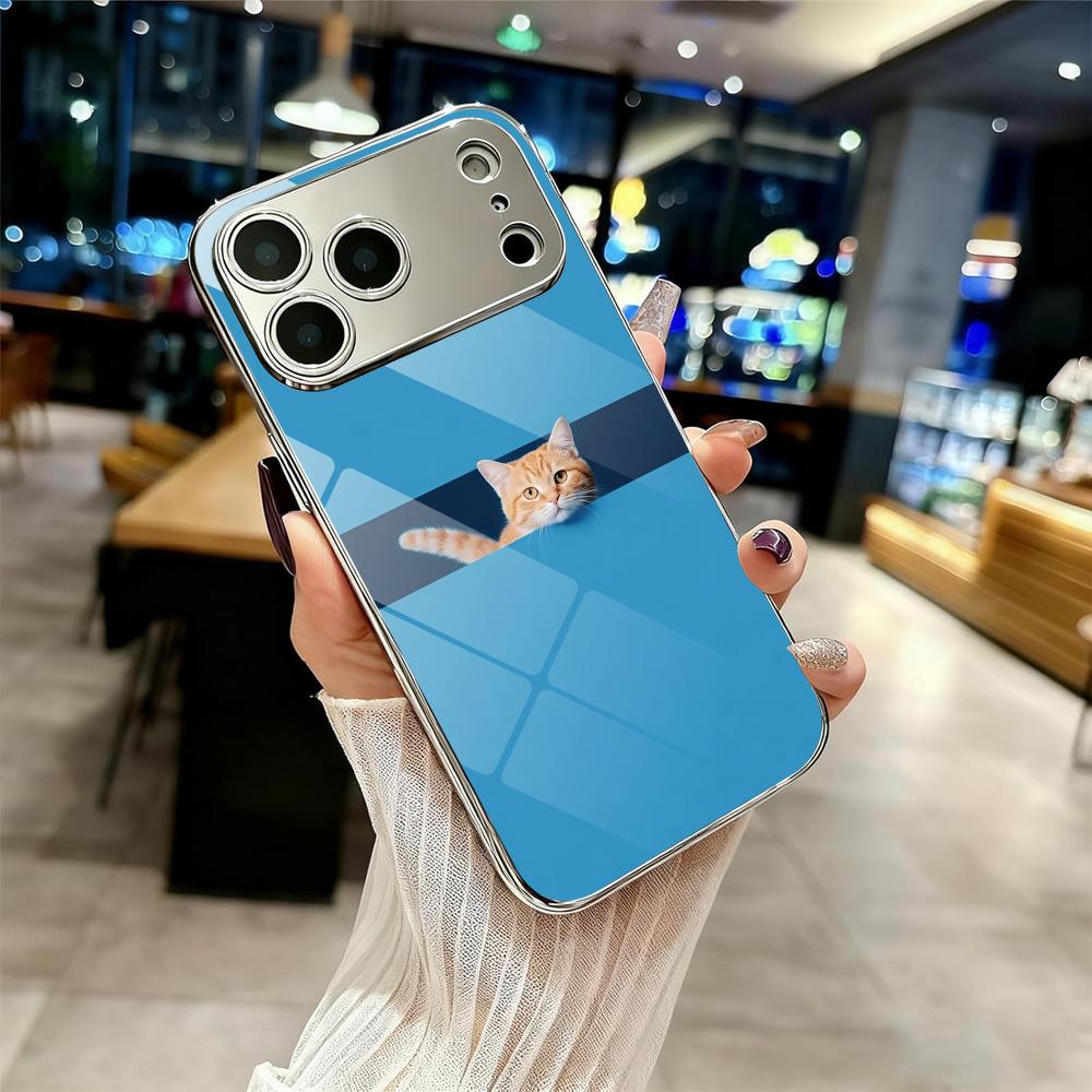 

Cute Cats Funny Phone Case For iPhone 17 16 15 14 13 12 Pro Max Plus Electroplated Metal Shockproof Bumper Case Glass Back iPhone17