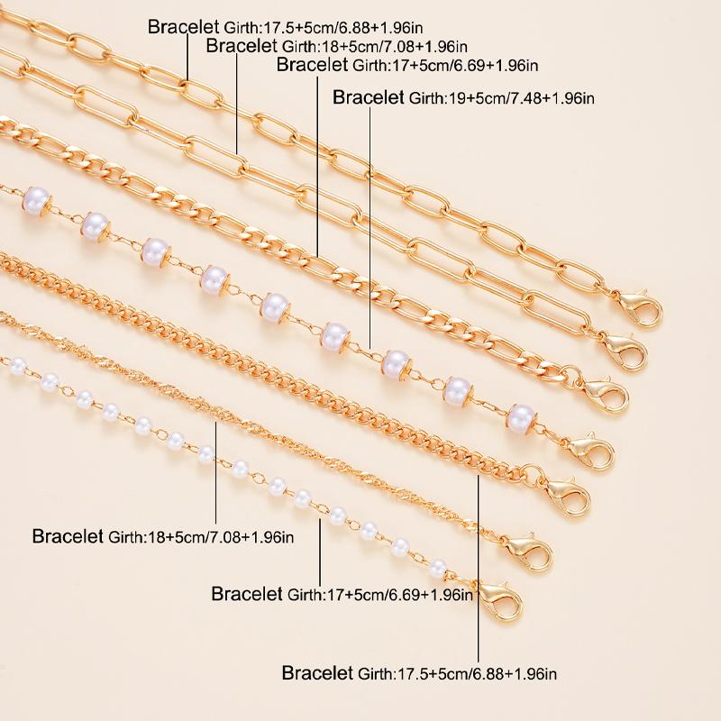 7Pcs/Set Bohemian Bracelet For Women Punk Style Cold Color Pearl Metal Multi-layer Hollow Twisting Snake Chain Simple Jewelry