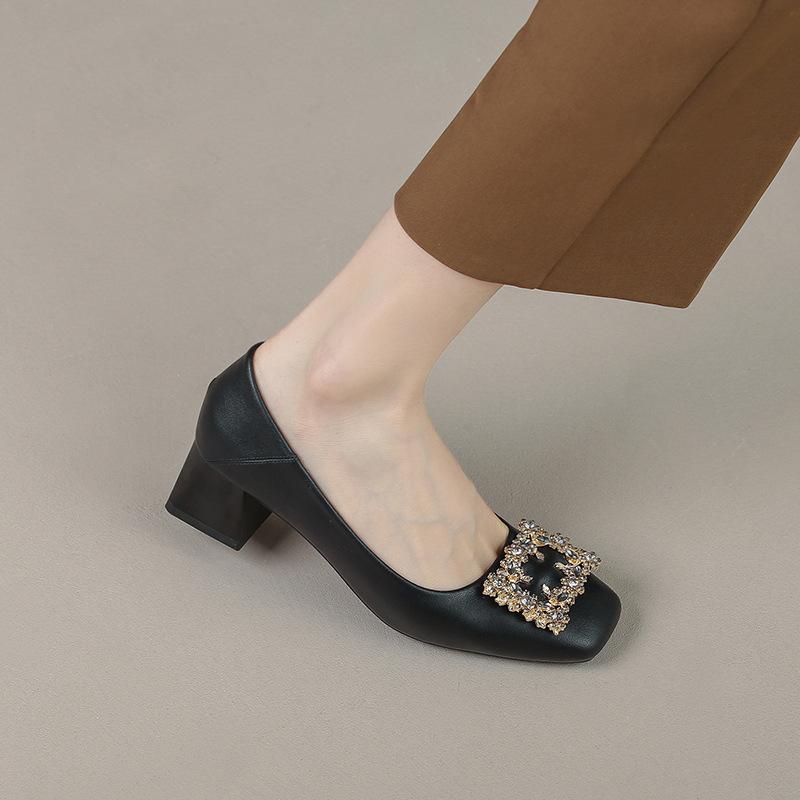 

Юэ Синьванг кожаные туфли на плоской подошве для женщин Хуэйчжоу, Су Иньинь, такие же одинарные туфли на толстом каблуке со стразами, новые весенние туфли Мэри Джейн 34 чёрный